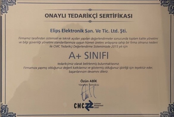 Elips CMC Onaylı Tedarikçi Sertifikası